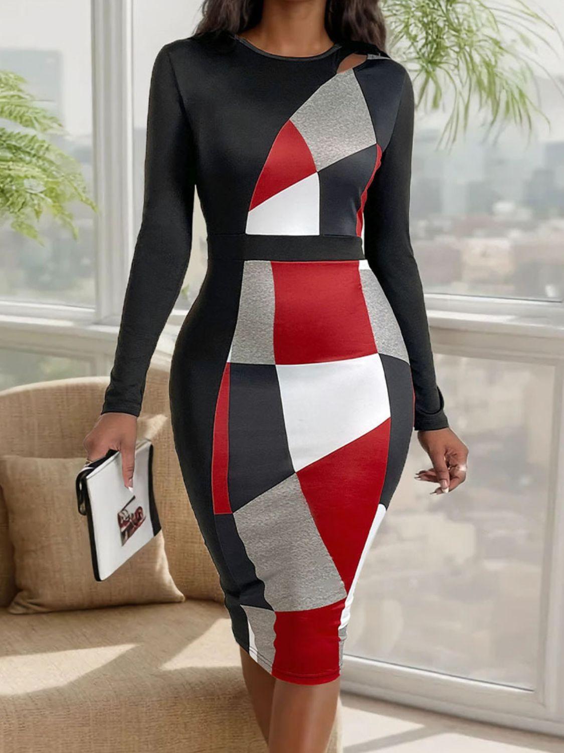 Cutout Dress Color Block Round Neck Long Sleeve Slim Dresses Black 3bcf6a5f-5cae-4b93-840f-1e406f1ebe50-Max Trendsi