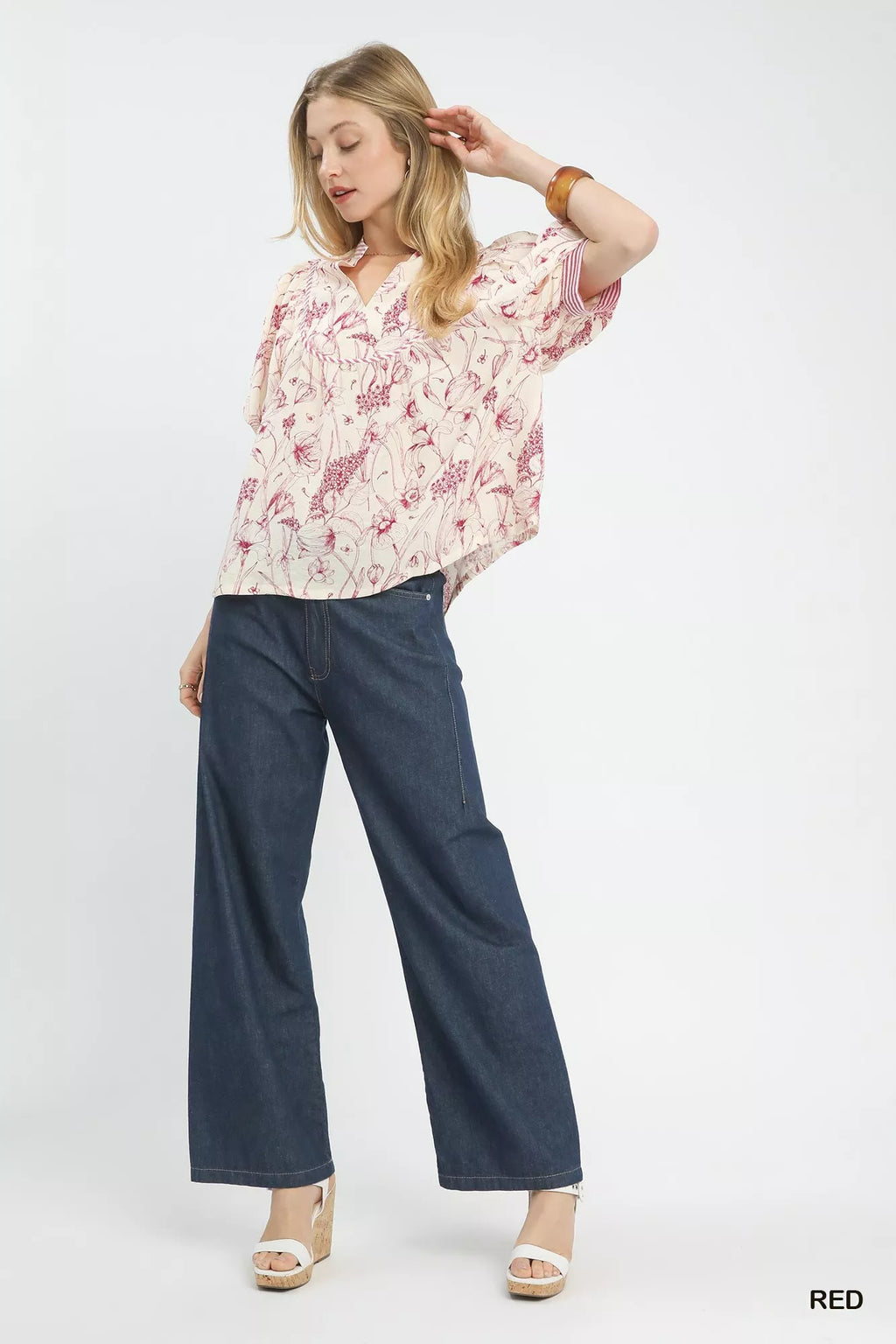 Umgee Blouse Red Mixed Print Puff Short Sleeve Split Neck Top 3bcfaa79-4d99-4569-a7ff-5dc400ade979-Max-Origin Trendsi