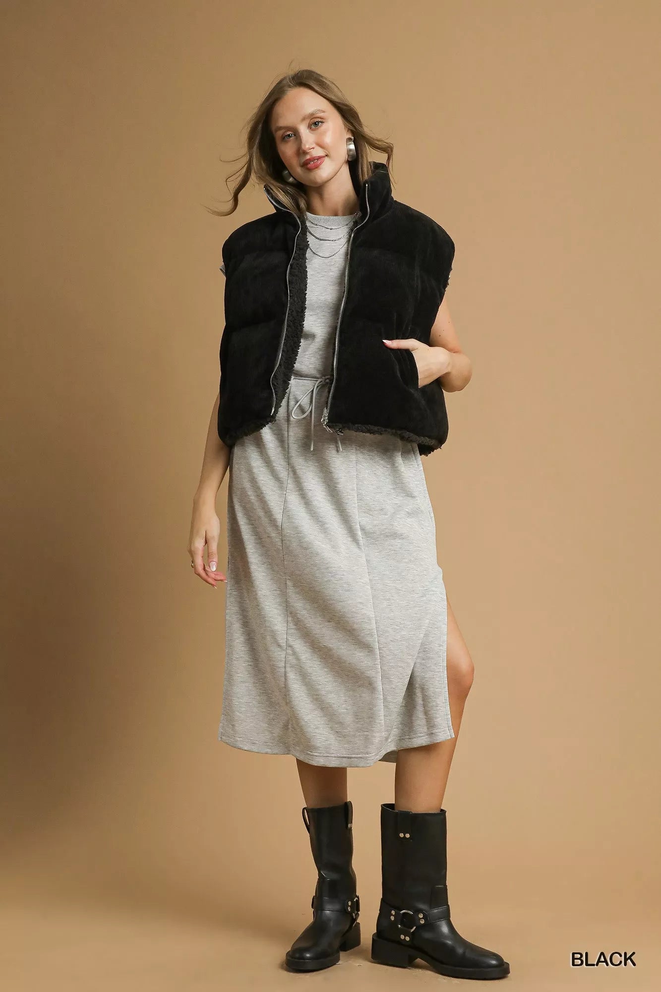 Umgee Womens Vest Black Sherpa-Lined Zip with Drawstring Hem Outwear 3bd4764d-4e2c-40ec-8c2a-aca3f3f41c34-Max-Origin Trendsi