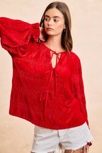 BiBi Christmas Theme Velvet Bow Tied Top With Neck Drop 3bd64d222beb4b54a71251dca966f1ea-Max-Origin Trendsi