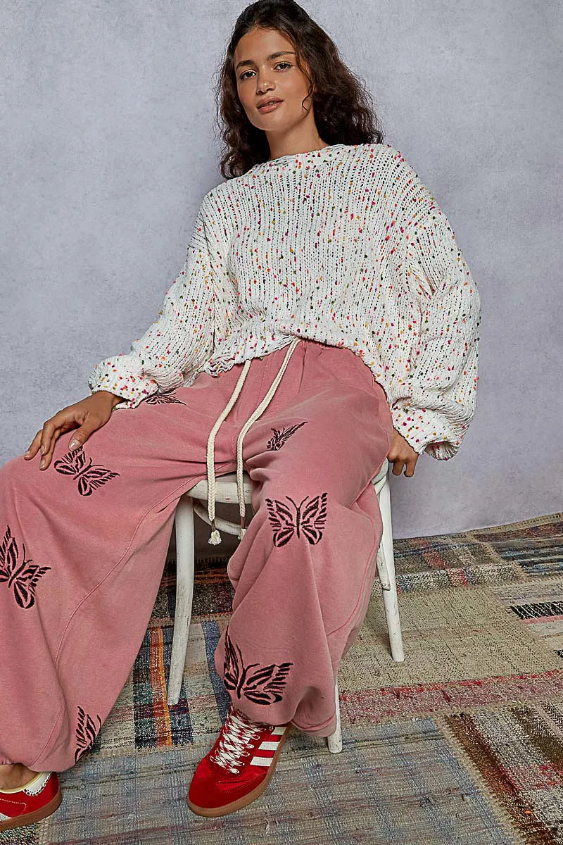 POL Sweater Knit White Pink Colorful Round Neck Fringed Distressed Hem 3bdf565e-e3df-4801-a985-87449d5c9218-Max-Origin Trendsi