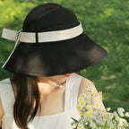 Wide Brim Sun Visor Hat with Ribbon - Cotton, One Size, Imported