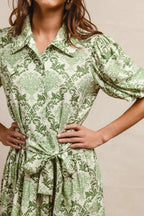 BiBi Mini Shirt Dress Green Cream Floral Bow Tied Belt Short Sleeve 3be87e64eeb34543ae7aa3d937ab888d-Max-Origin Trendsi