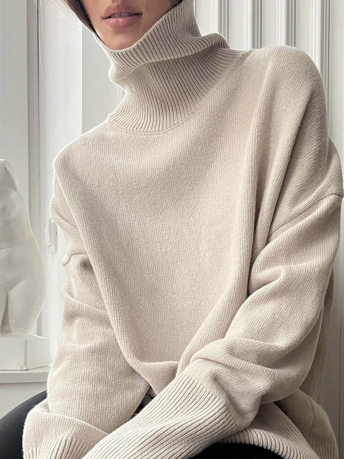 Ribbed Women Sweater Turtleneck Long Sleeve Soft Acrylic Loose Basic Pullover