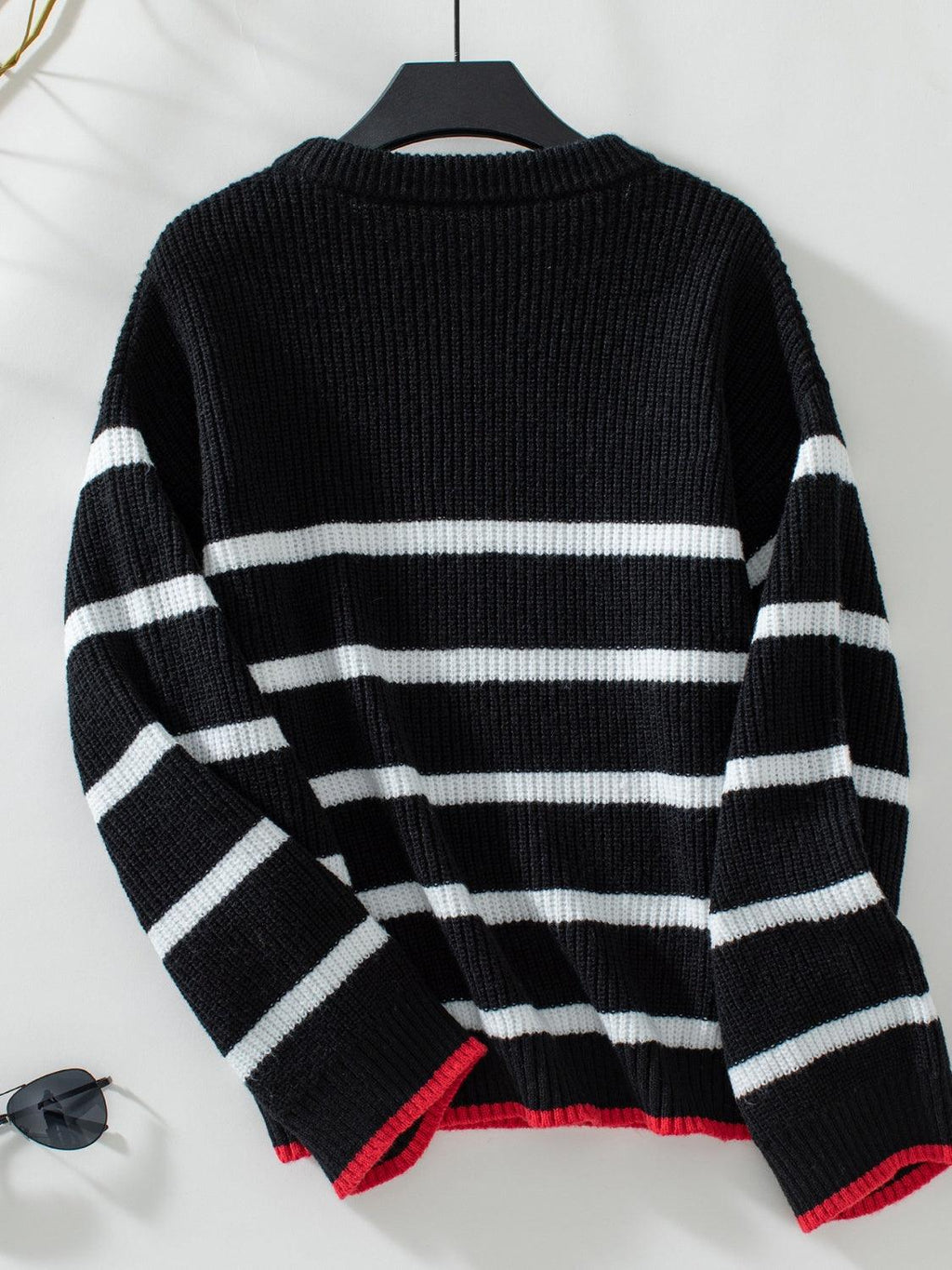 Striped Sweater Round Neck Dropped Shoulder Bell Long Sleeve