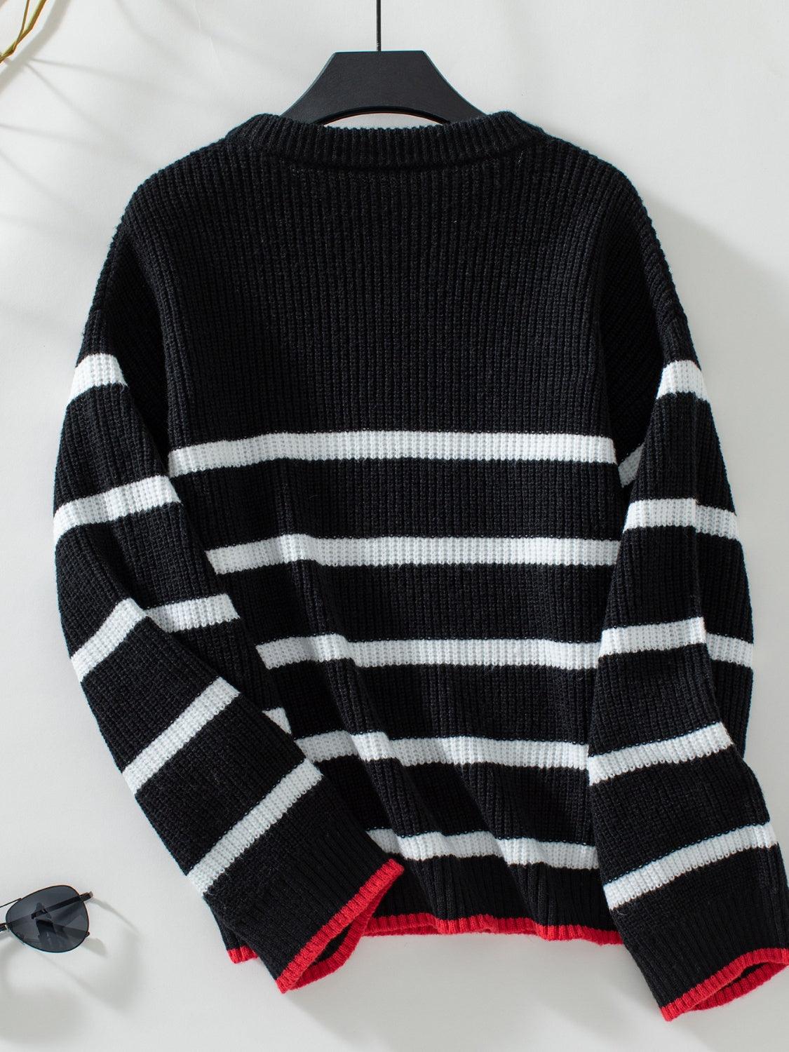 Striped Sweater Round Neck Dropped Shoulder Bell Long Sleeve