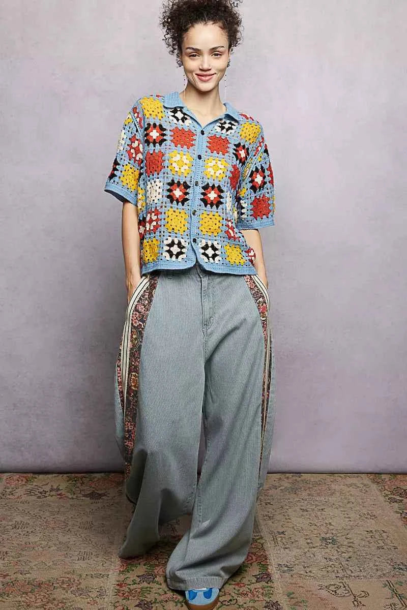 POL Crochet Women Shirt Sky Multi Floral Short Sleeve Relaxed Fit Top 3bf176f7-2686-4ff3-a468-2f116bf1166c-Max-Origin Trendsi