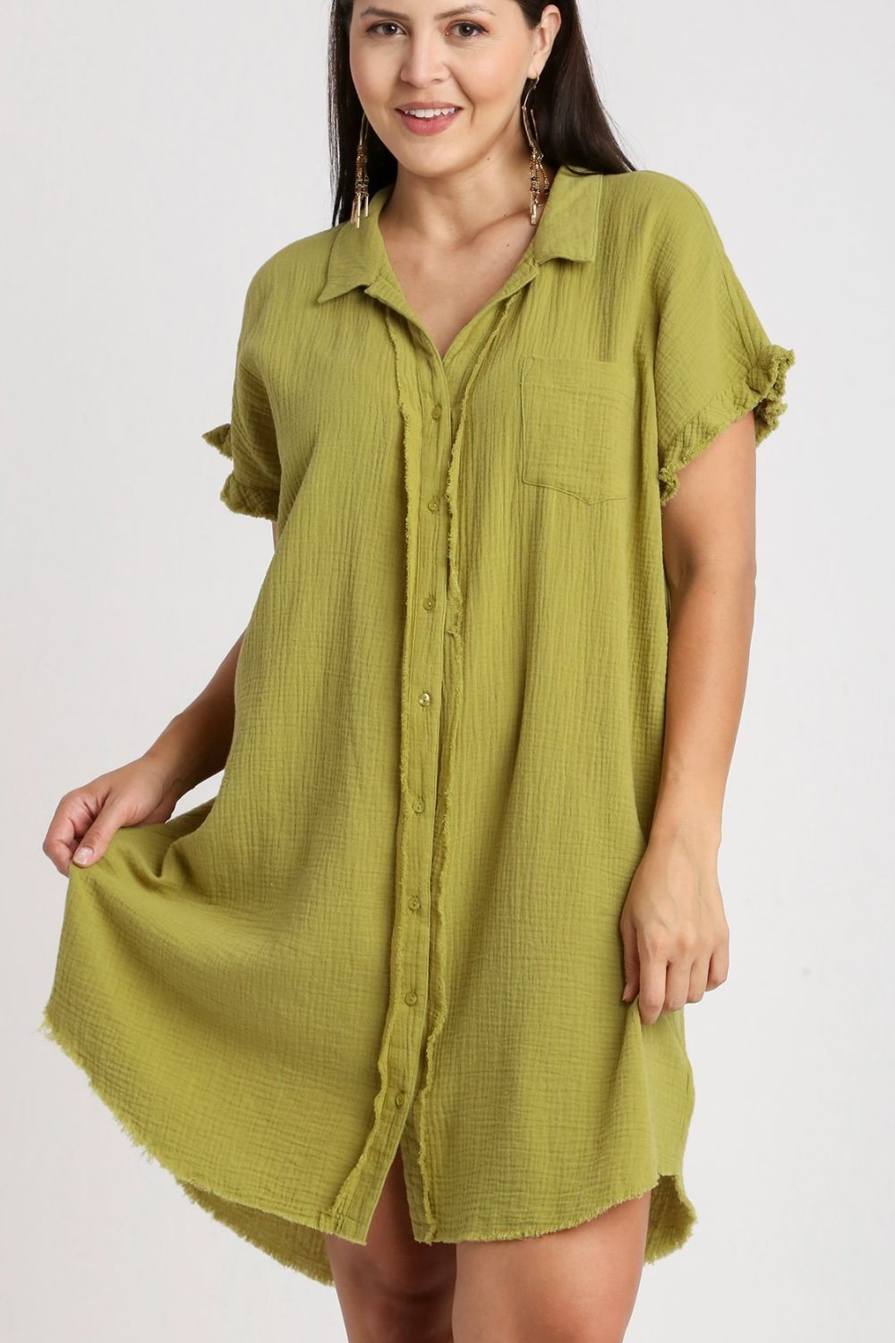 Umgee Shirt Dress Cotton Gauze Raw Hem Yellow Green Short Sleeve 3bf2243b-5c90-434e-8d9b-e8032d5d7fc3-Max Trendsi