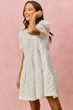 SO ME Floral Mini Dress White Jacquard Diagnol Tiered Short Sleeve 3bf618a59a854df3a3941e2d07268145-Max-Origin Trendsi