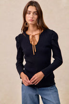 BiBi Womens Knit Top Black Ribbed Camel Contrast Front Tied Top with Shrried 3c10af9f9e6e42418bc2b053e6a68067-Max-Origin Trendsi