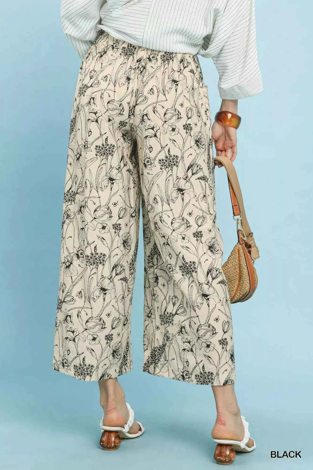 Umgee Women Wide Leg Pants Black Floral Two Tone Print Relaxed 3c1e8470-00f4-49b3-86ab-d6dddbab9db7-Max-Origin Trendsi