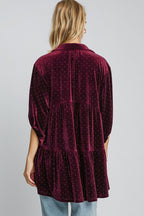 Umgee Shirt Blouse Women Burgundy Velvet Polka Dot Button Up Half Sleeve 3c242310-2d89-46b5-a63d-864445d2cadc-Max Trendsi