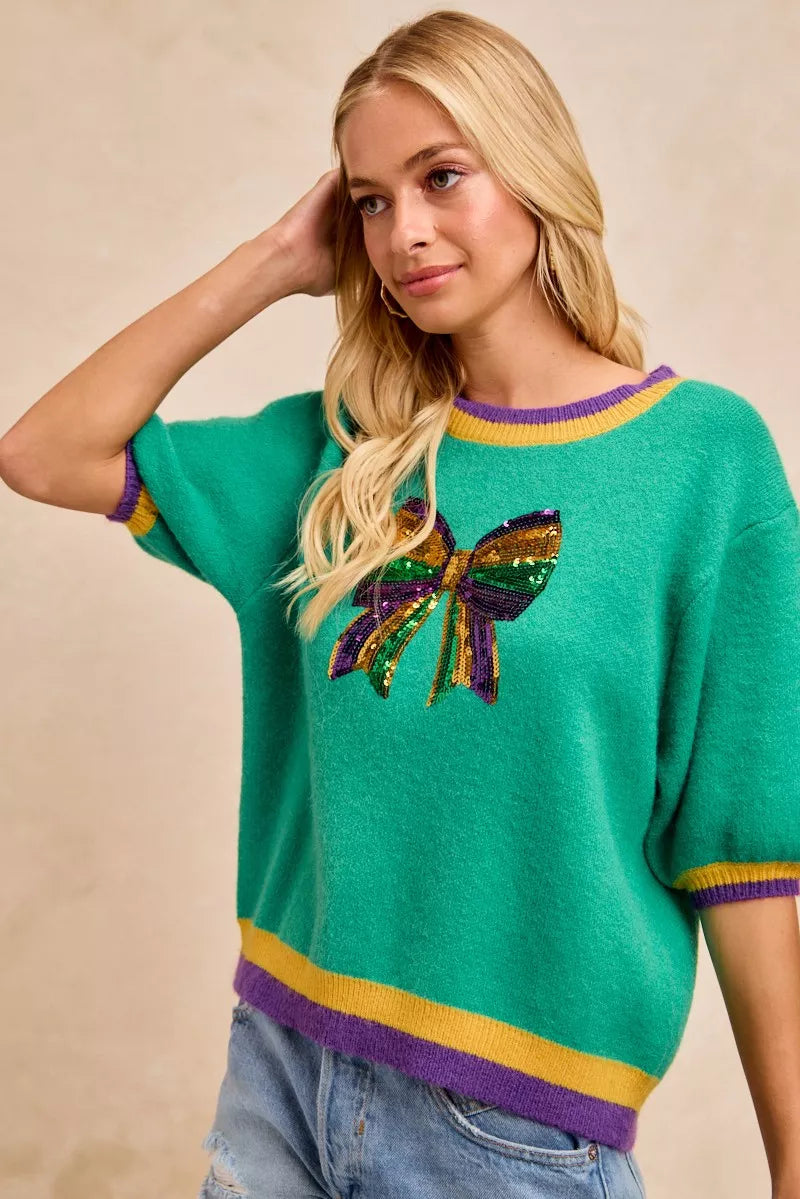 BiBi Sweater Green Mardi Gras Sequin Ribbon Patched Short Sleeve 3c248c9b8aa34151a0e70b5775dfeb9f-Max-Origin Trendsi