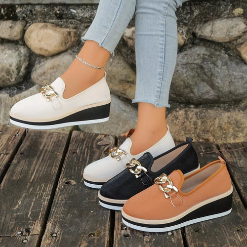 Chain-Accent Wedge Loafers with Mid Heel