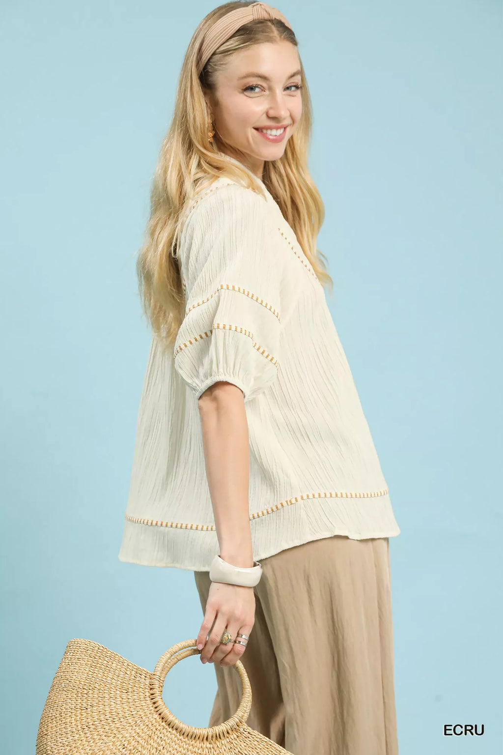 Umgee Womens Blouse Ecru Textured Short Sleeve Top with Contrast Trim 3c2cc17f-64a7-405b-96e9-e8d2b2b380cd-Max-Origin Trendsi