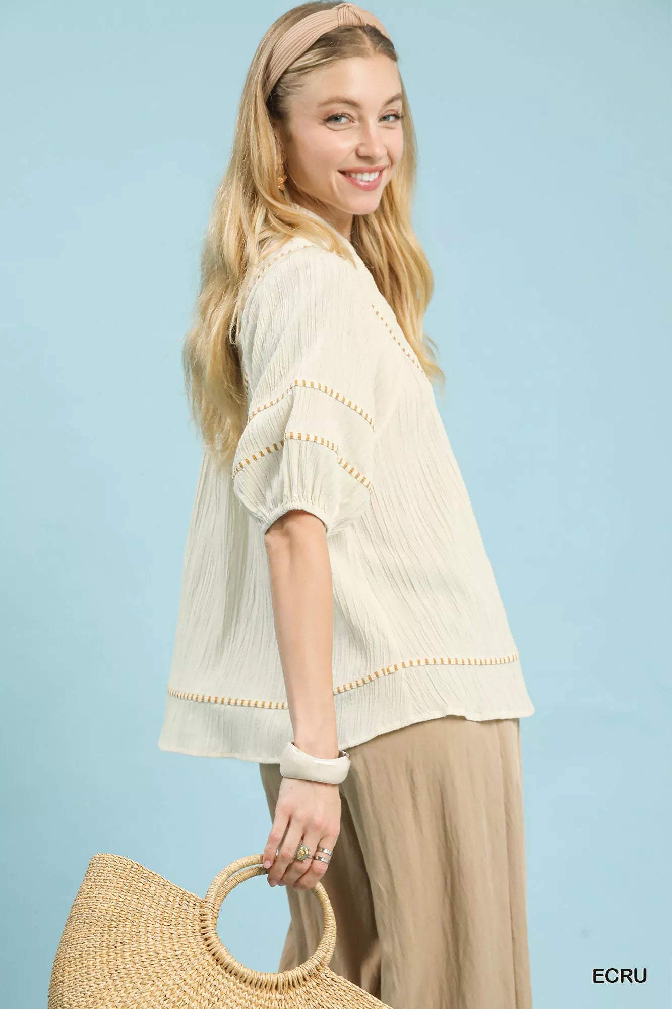 Umgee Womens Blouse Ecru Textured Short Sleeve Top with Contrast Trim 3c2cc17f-64a7-405b-96e9-e8d2b2b380cd-Max-Origin Trendsi