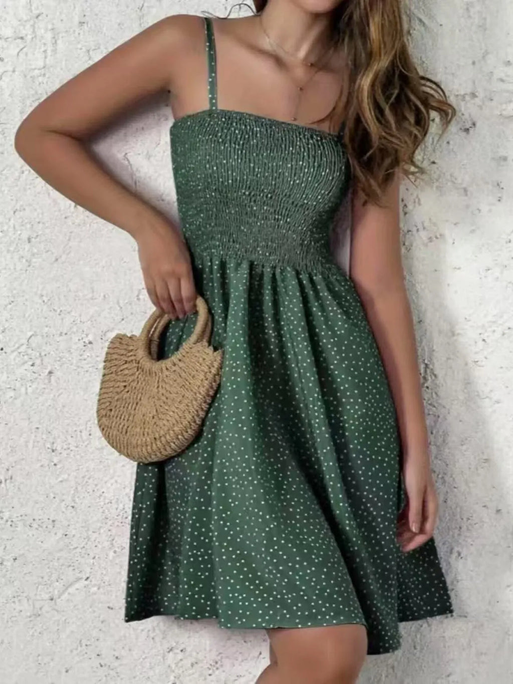 Mini Cami Dress Swiss Dot Smocked Square Neck with Thin Straps Olive Green 3c30074428344309ae5fa12a275a3b3a-Max-Origin Trendsi