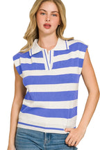 Zenana Viscose Striped Sweater Vest with Polo Collar