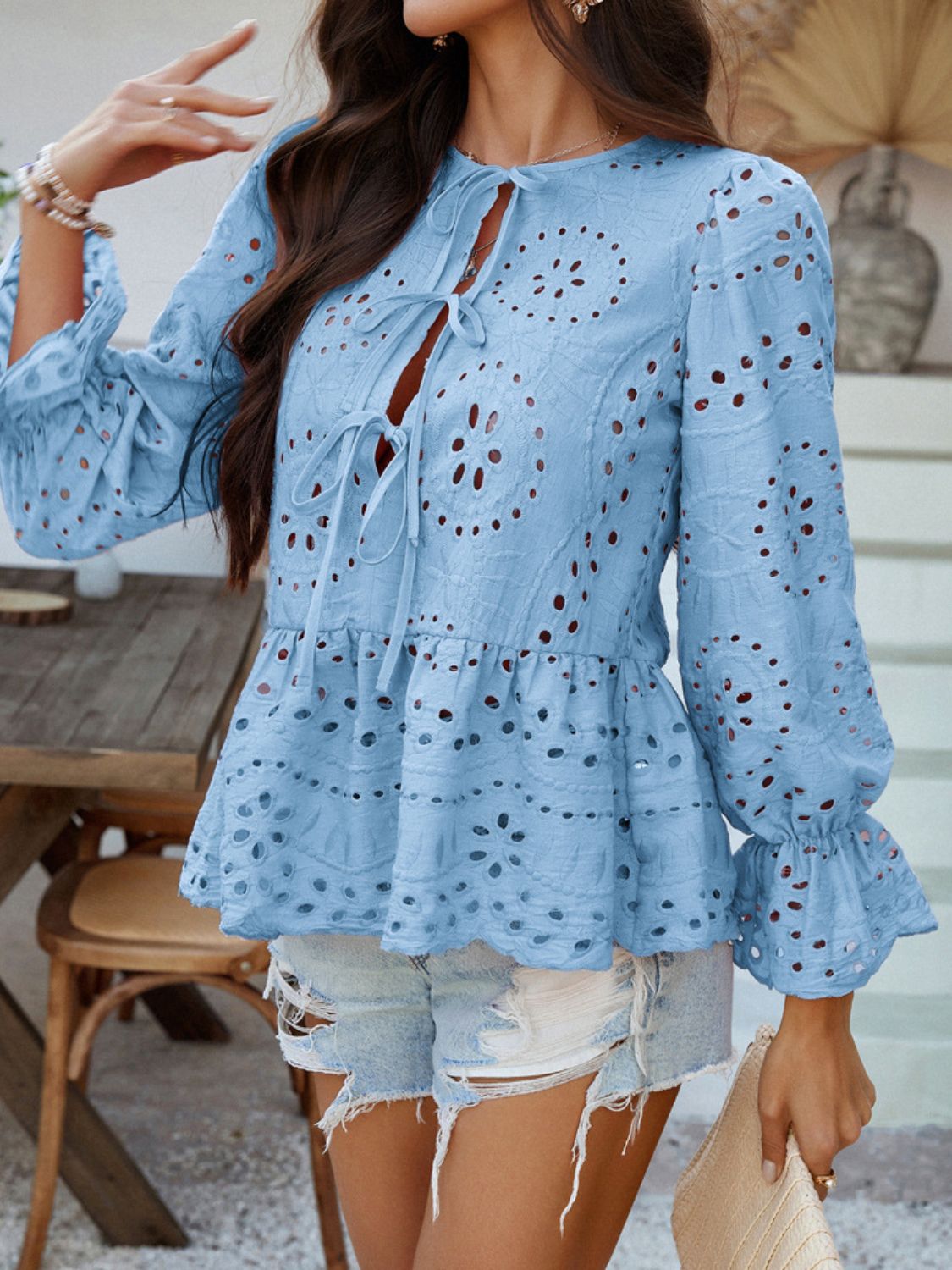 Crochet Blouse Ruffle Tie Front Flounce Long Sleeve Peplum Cut Out Embroidered 3c3f9b90-762a-46a5-82fb-c702497d8ab6-Max Trendsi