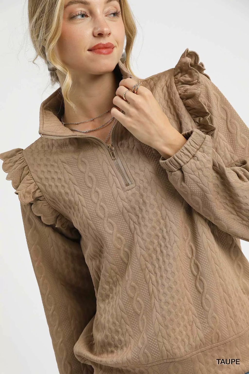 Umgee Womens Pullover Taupe Cable Knit Textured with Ruffle Shoulders 3c419945-02cb-4828-8f63-876fc1ab5996-Max-Origin Trendsi