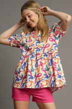 Umgee Babydoll Blouse Colorful Confetti Mixed Print Puff Short Sleeve Top 3c44c102-2af4-43fd-b9b2-d3c575234e9e-Max Trendsi
