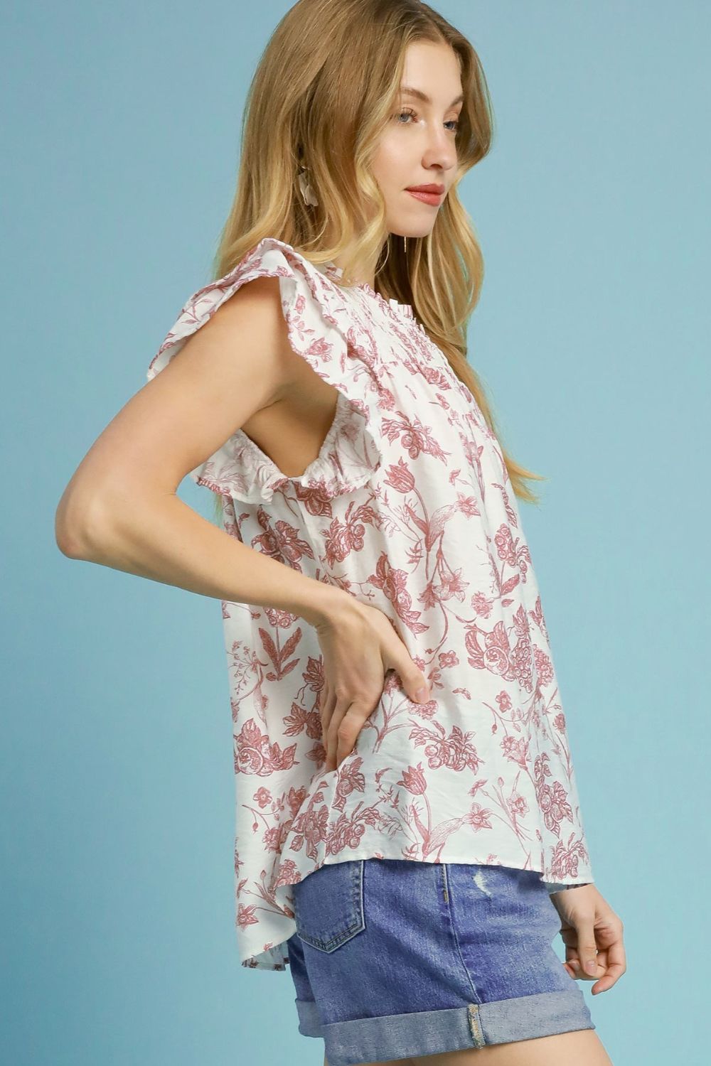 Umgee Blouse Floral Blush Pink Two Tone Boxy Cut Print Short Sleeve Top 3c49ab6d-8938-4a2b-bd9c-279427eed918-Max Trendsi