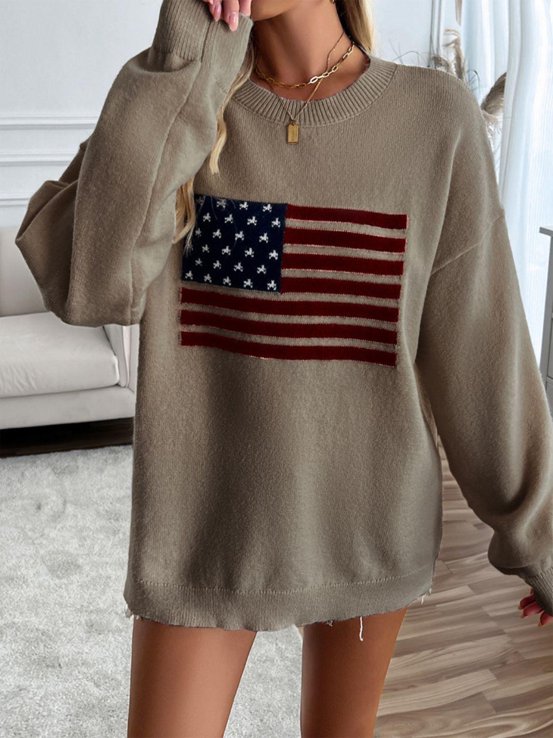 Knit Top US Flag Round Neck Long Sleeve Knitwear Mocha 3c56c698-310d-401d-8358-efc9eb690994-Max Trendsi