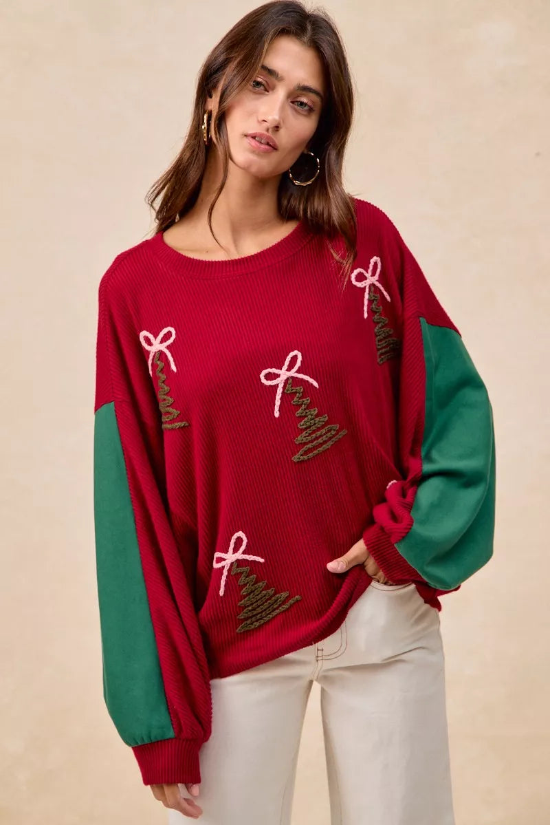 BiBi Womens Sweater Christmas Theme Tree Embroidered Red Pullover 3c5871e49c6b4f858ad561f1835bbcc4-Max-Origin Trendsi