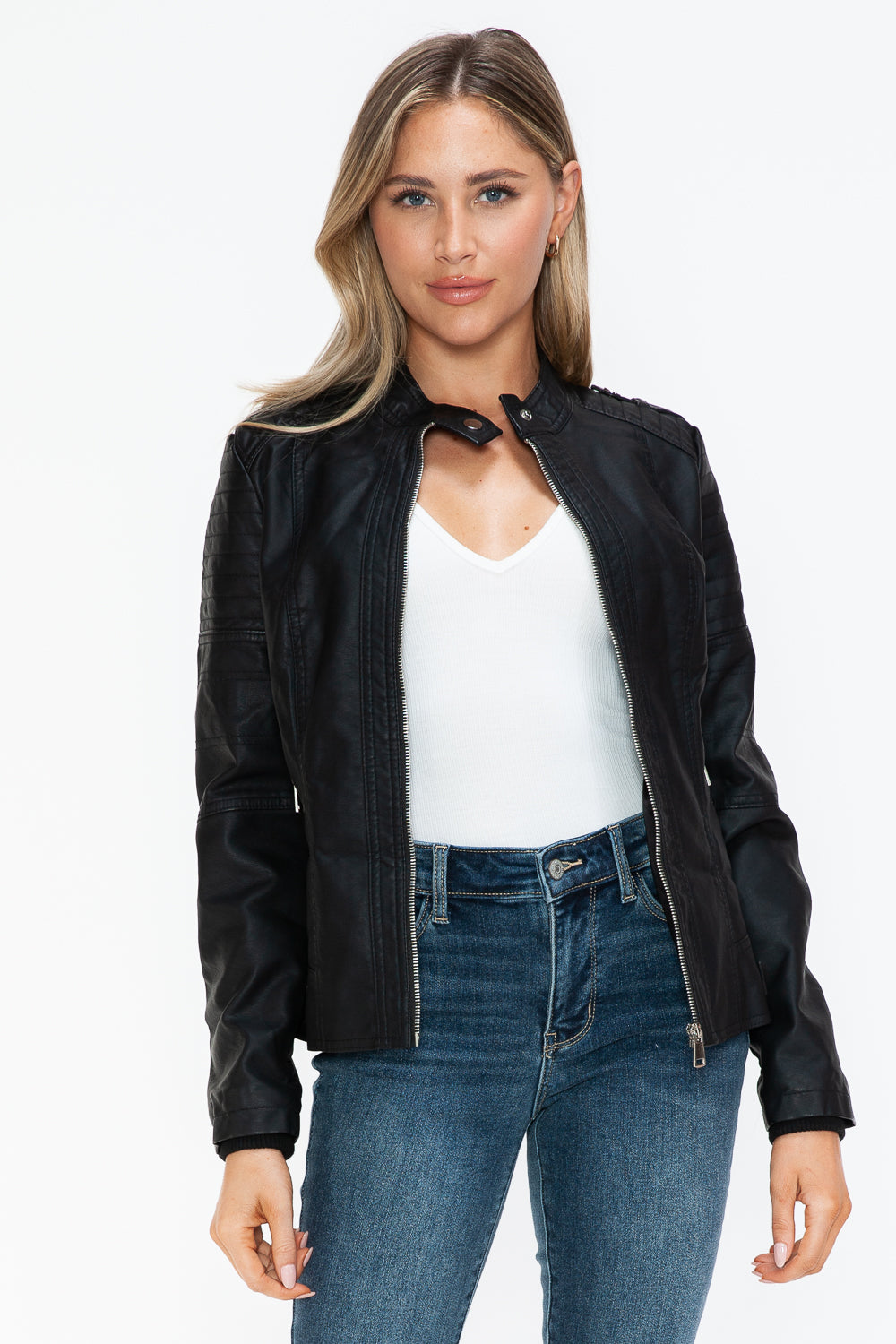 Snobbish PU Leather Black Jacket with Side Zip Pockets Zip Up Biker