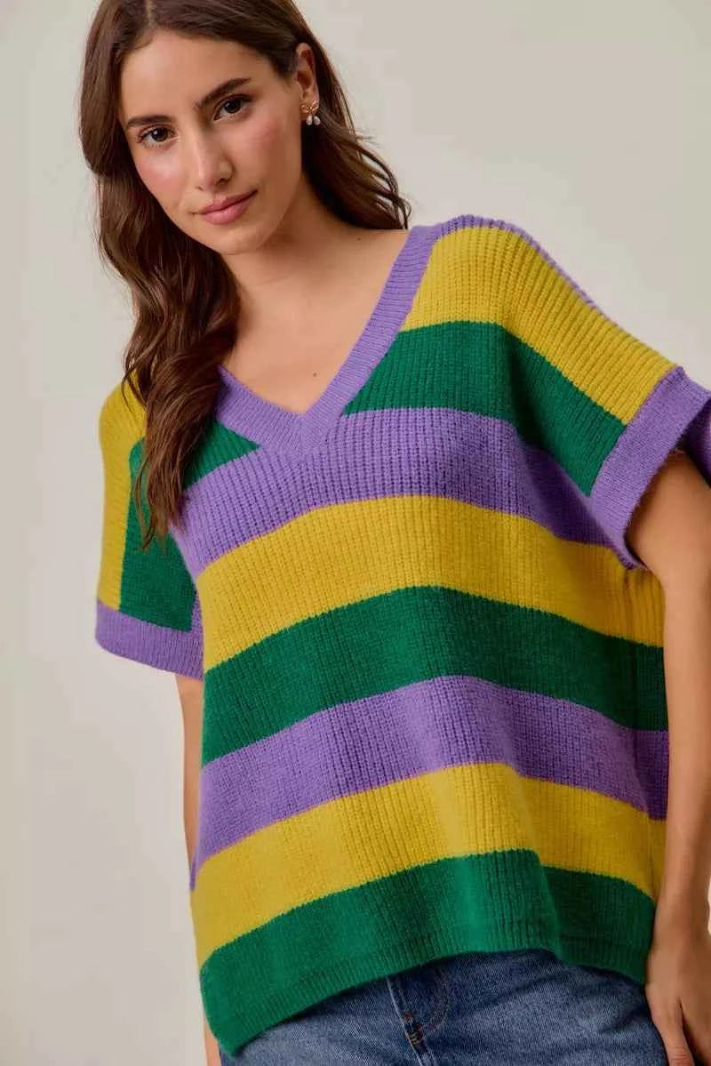 SO ME Women Sweater Purple Mix Mardi Gras Loose Fit V Neck Stripe Top 3c6b4427208d4850923130692893e9b4-Max-Origin Trendsi