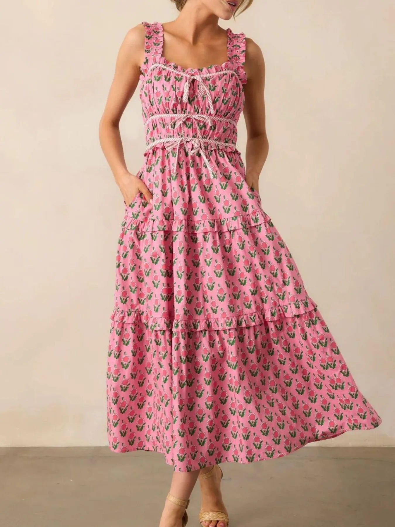 Floral Midi Dress Pink Print Ruffled Straps with Pockets 3c719713-72df-45b9-b942-8710a283e84c-Max-Origin Trendsi