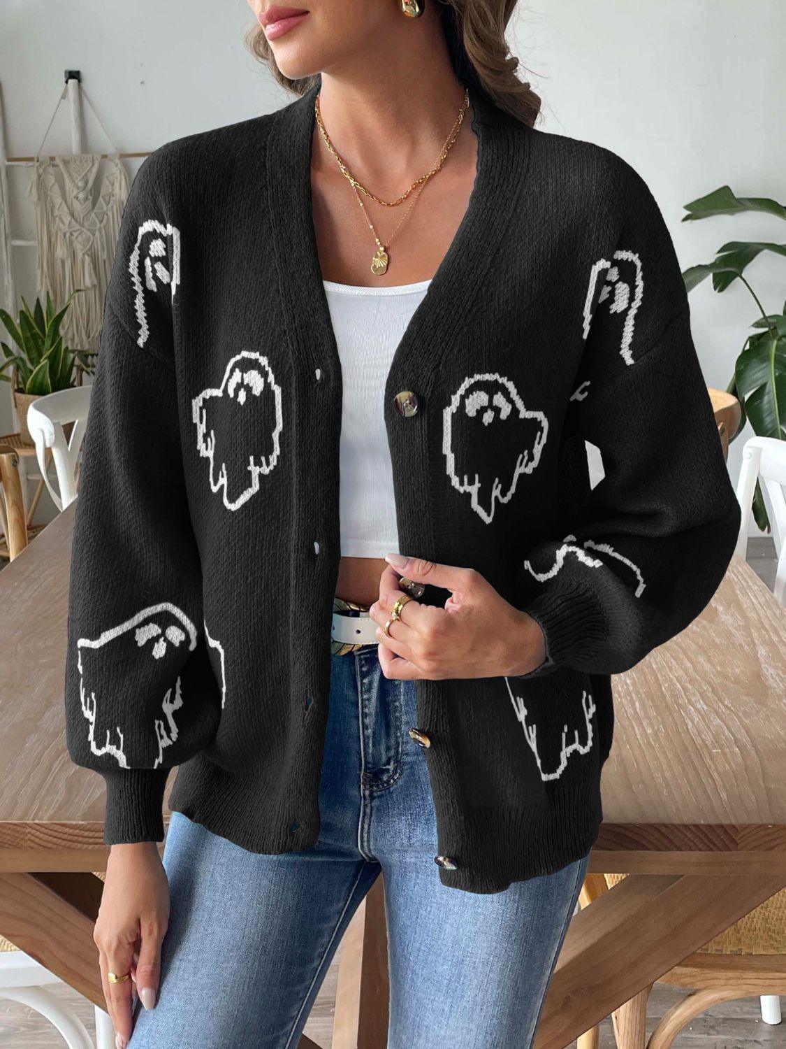 Knit Cardigan Animal Pattern V-Neck Dropped Shoulder Knitwear Black 3c79affd-ead2-4a2a-9c5d-775ca9bb0993-Max Trendsi