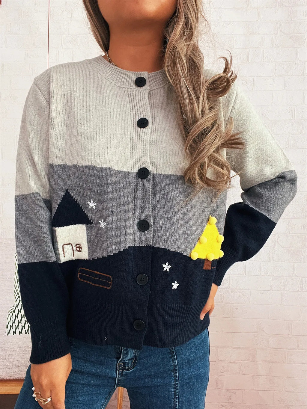 Women's Cardigan Color Block Stripe Button-Up Knit Round Neck Sweater 3c7bb4f88dfa4c10a1f1b754f0af758f-Max-Origin Trendsi