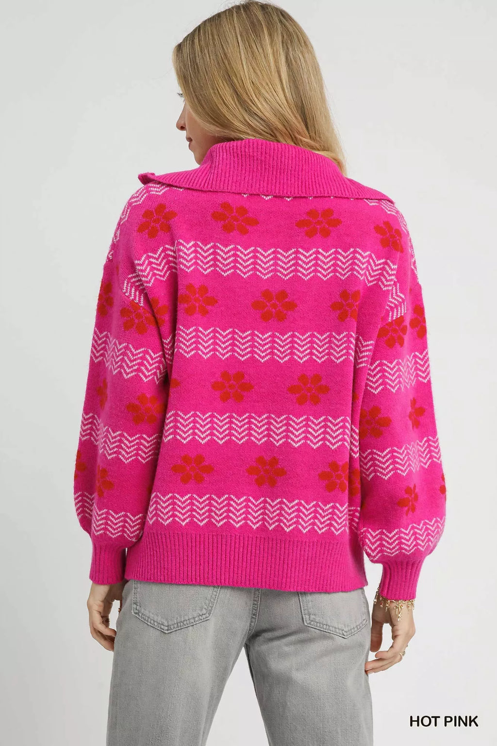 Umgee Womens Sweater Hot Pink Floral Patterned Jacquard Quarter-Zip Pullover 3c7d621e-dac4-41e1-bd3f-f91f12011f32-Max-Origin Trendsi