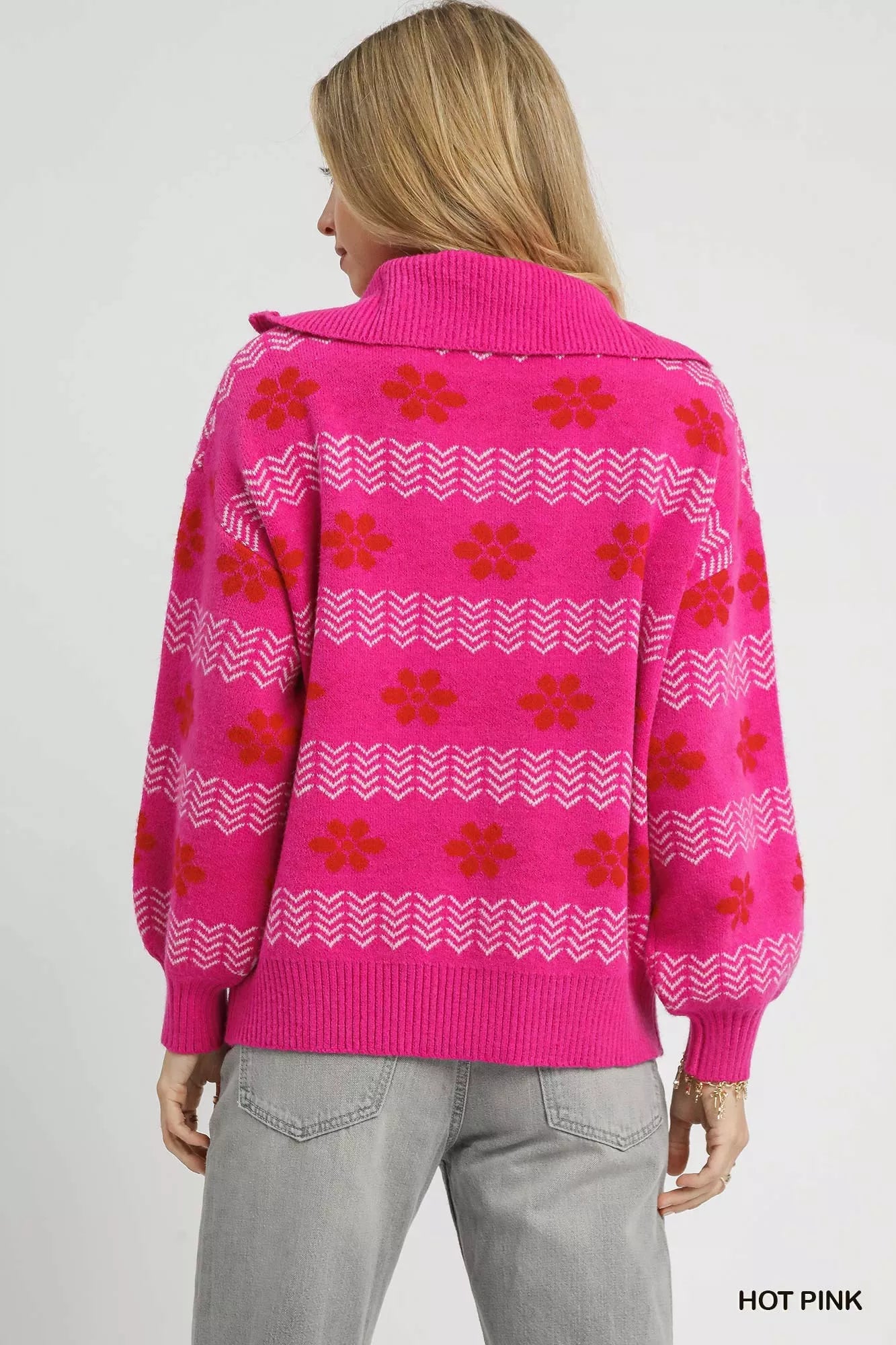 Umgee Womens Sweater Hot Pink Floral Patterned Jacquard Quarter-Zip Pullover 3c7d621e-dac4-41e1-bd3f-f91f12011f32-Max-Origin Trendsi