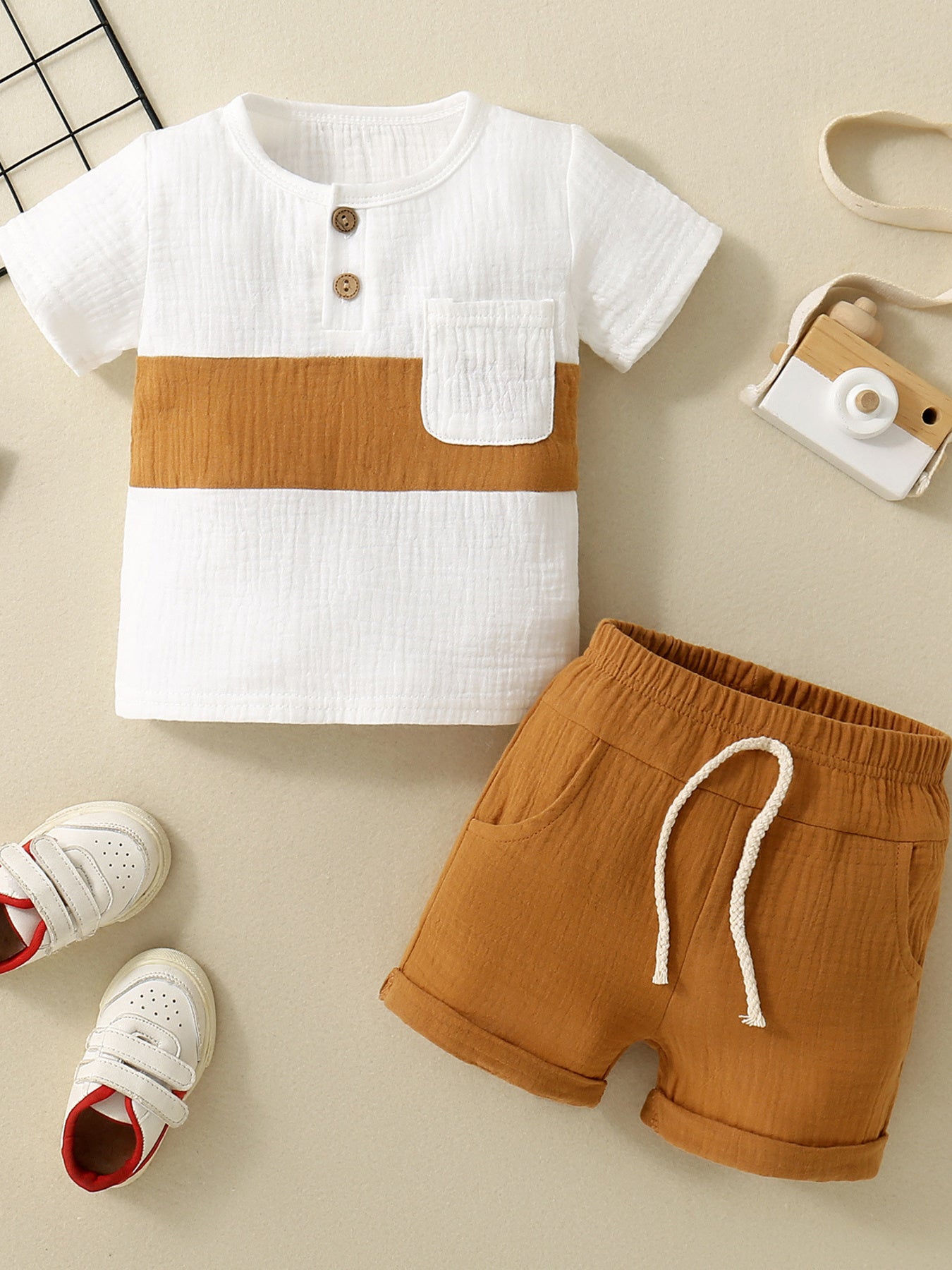 Children's Color Block Top and Shorts Two-Piece Set
