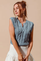 SO ME Sweater Vest Cable Knit Notched Neck Denim Gray Knit Top 3c88ff908ea247cca0980c080be800aa-Max-Origin Trendsi