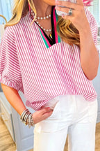 Women's Blouse Striped Print Contrast Split Neck Dolman Short Sleeve 3c8deabd-cf16-4771-9af7-1f201dd2ed1b-Max-Origin Trendsi