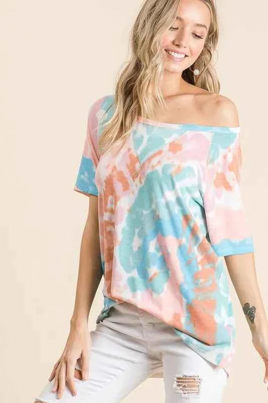 BiBi T-Shirt Tie Dye Print Pink Mint Multi Short Sleeve with Raglan Short Sleeves 3c91dc862aad4121ad846fc7991ce9b4-Max-Origin Trendsi