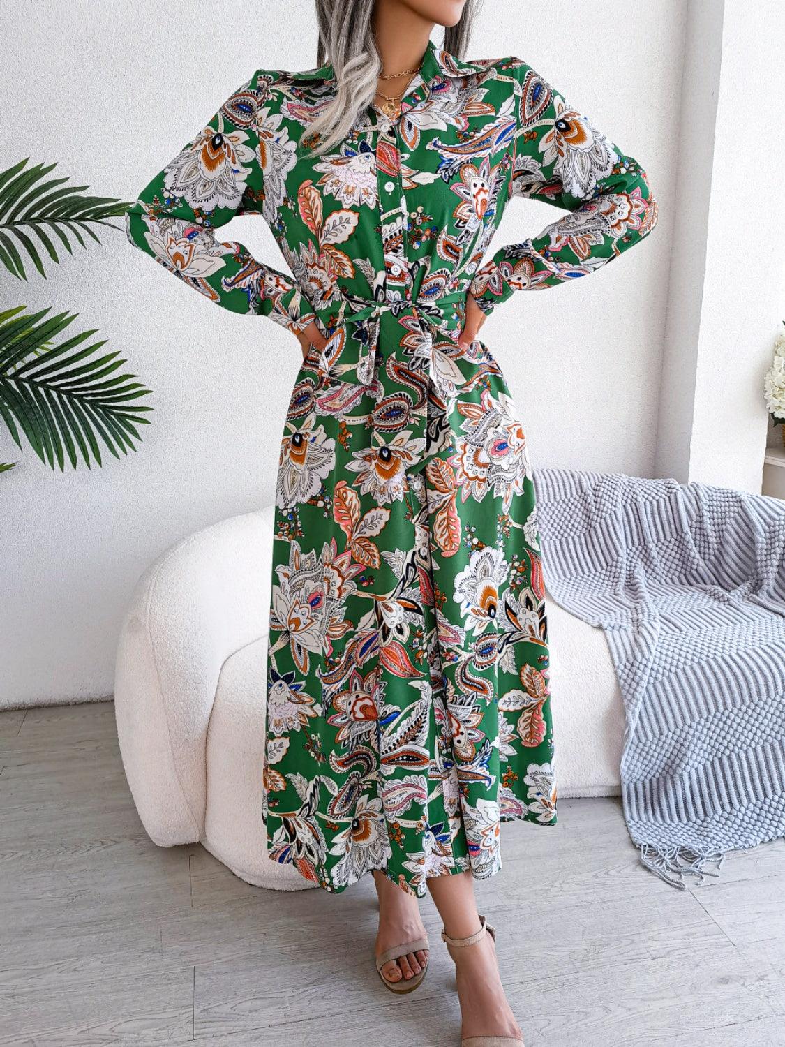 Midi Dress Floral Tied Printed Long Sleeve Shirt Dresses Green 3c91f9bc-593d-4d17-ab5a-6f607c0077ef-Max Trendsi