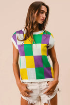 BiBi Womens Sweater Knit Top Mardi Gras Checker Pattern Sleeveless 3c94904cb5624c518bc6554951776594-Max-Origin Trendsi
