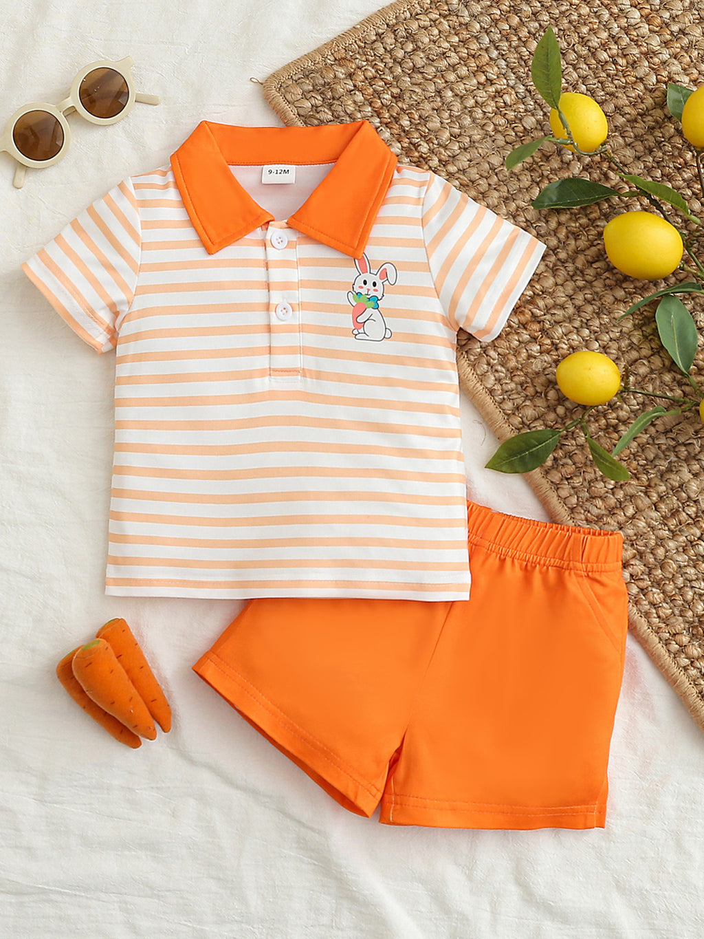 Children's Two-Piece Outfit: Striped Polo Shirt and Solid Color Shorts Set