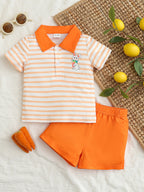 Children's Two-Piece Outfit: Striped Polo Shirt and Solid Color Shorts Set