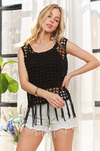 ADORA Crochet Top Black Tassel Fringe Hem Openwork Sleeveless 3c9d256ea25540fc8f2ccee1e44a92fa-Max-Origin Trendsi
