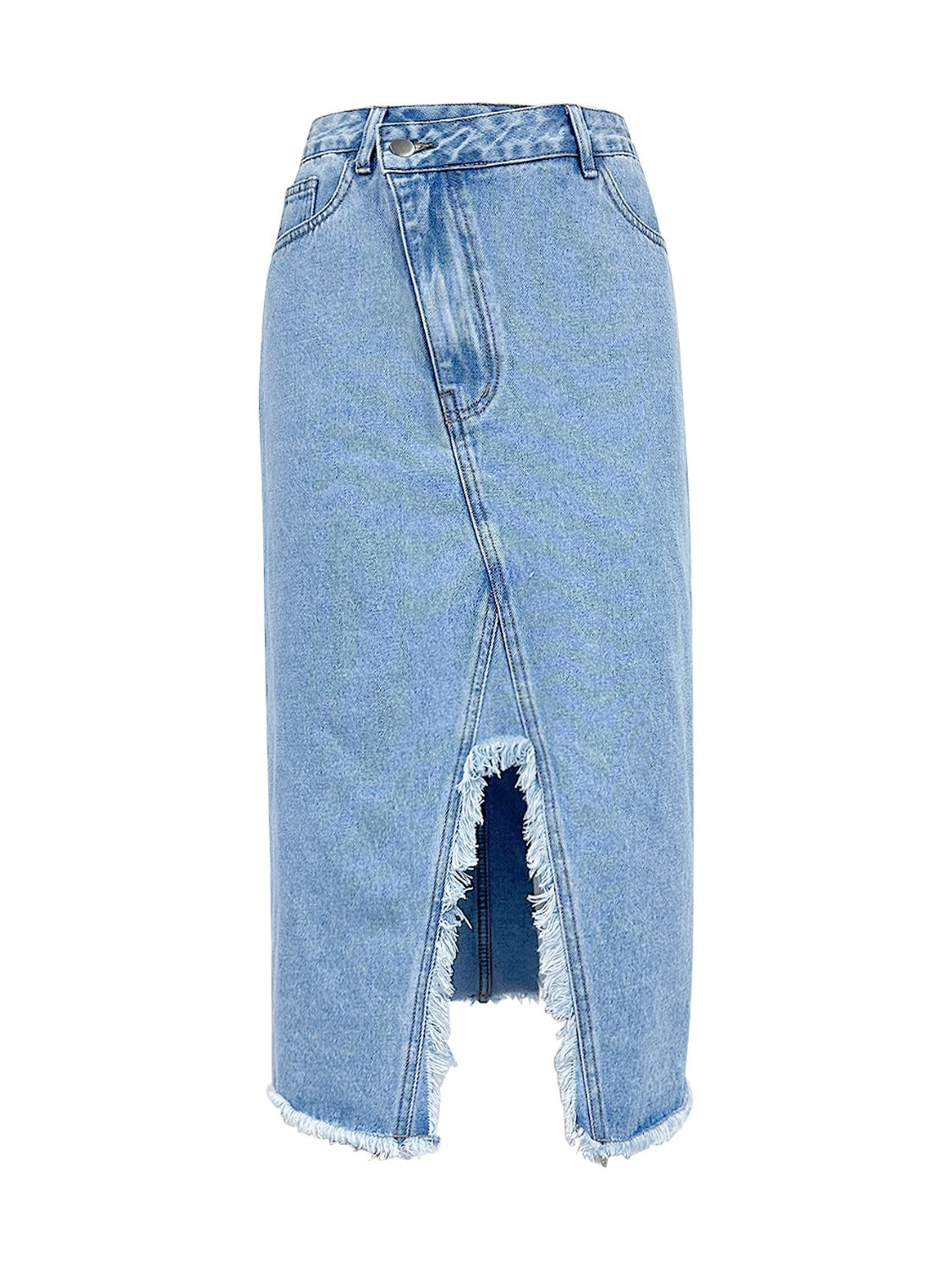 Midi Denim Skirt Front Slit Asymmetrical Waistband Blue Light Wash Skirts