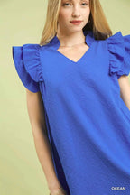 Umgee Shift Mini Dress Ocean Blue Seersucker Ruffle Short Sleeve 3cad1368-de05-4e05-8177-105ee7c7f895-Max-Origin Trendsi