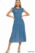 Zenana Midi Dress Woven Smocked Dusty Blue Ruffle Short Sleeve 3cbe5523-128a-4a0b-bfb8-706e59f02d5c-Max-Origin Trendsi