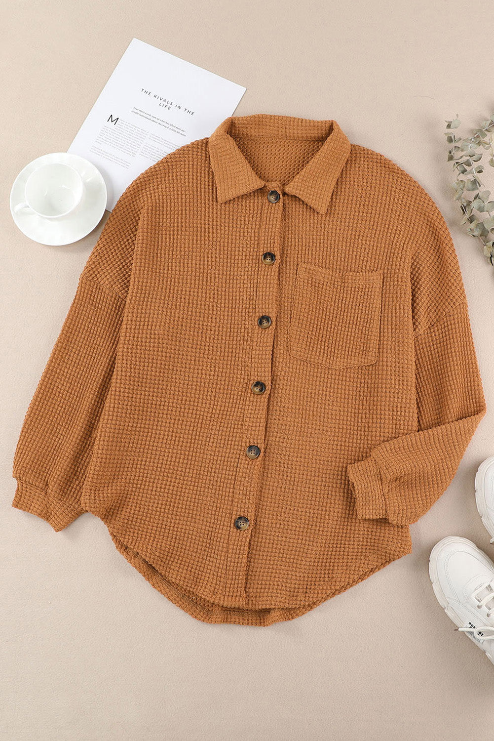 Waffle-Knit Women Shirt Collared Neck Long Sleeve Pocketed Single Breasted 3cc0c77a-289a-4478-9177-11427bad34d5-Max Trendsi