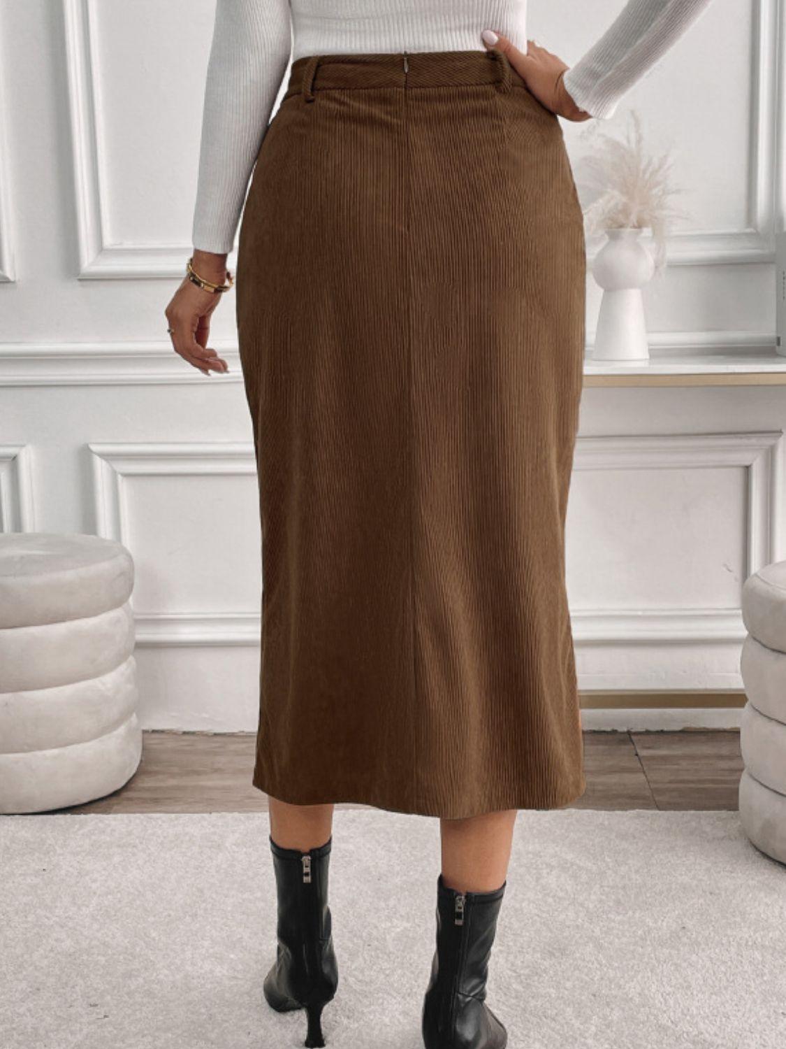 Midi Skirt Brown Perfee Front Slit with Pockets