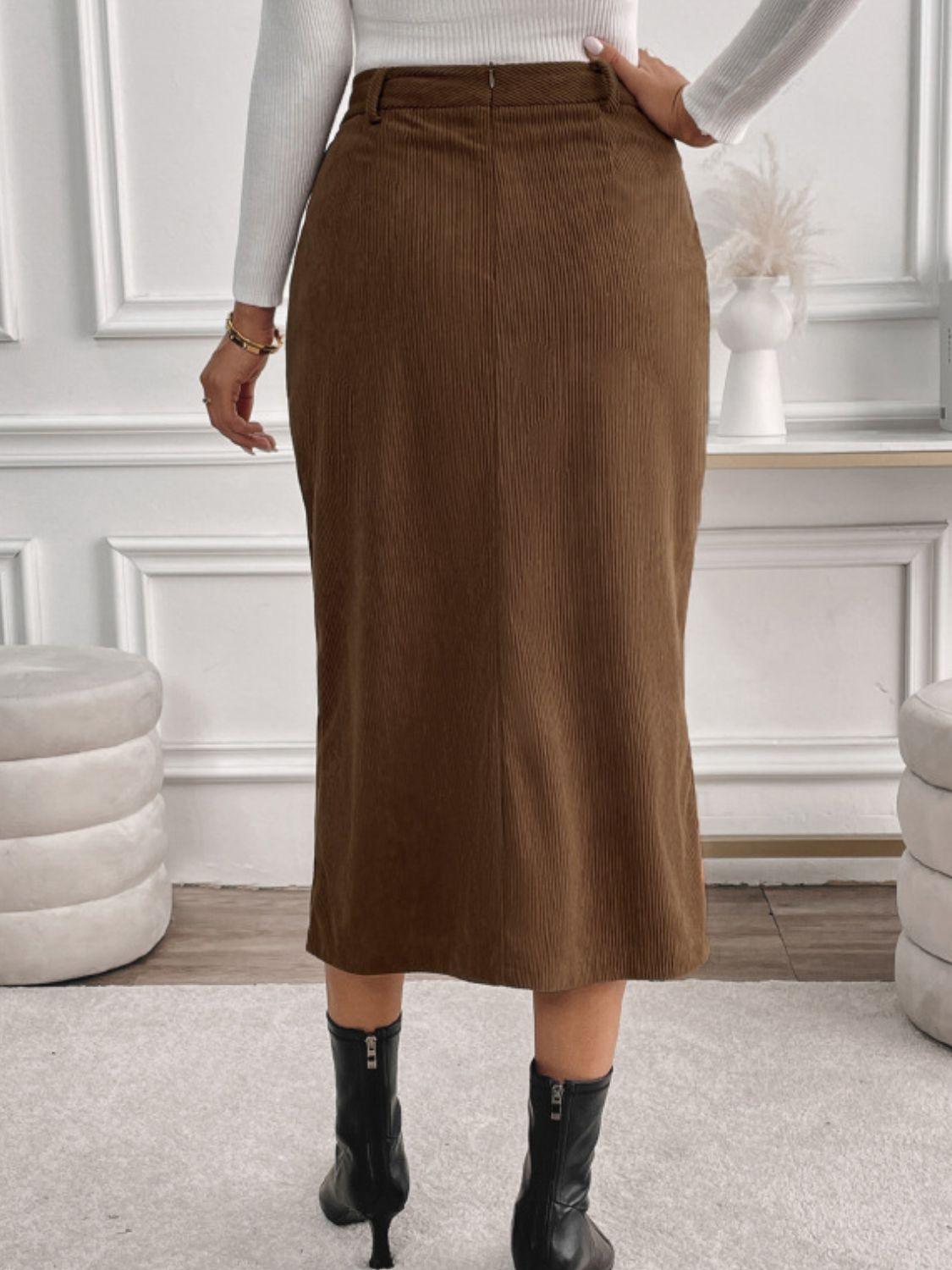 Midi Skirt Brown Perfee Front Slit with Pockets 3cc14ec4-92a1-4c98-b1e7-1f604ad908cf-Max Trendsi